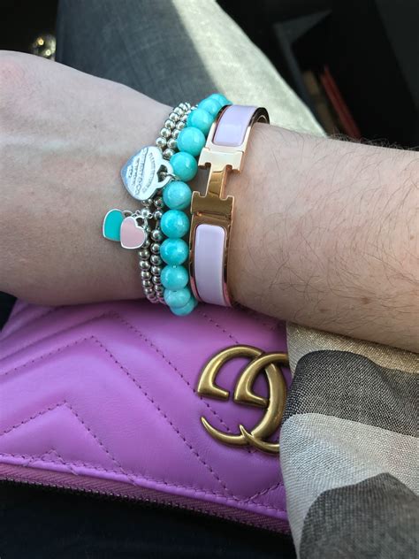 Tiffany bead bracelet stack, Tiffany blue beads, Hermes pink clic clac, pink Gucci crossbody ...