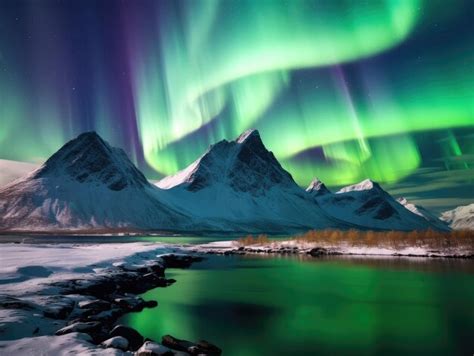 Premium AI Image | a snowy mountain and a green aurora in the sky