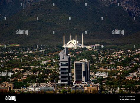 aerial view of capital city of Pakistan, bird eye view of Islamabad , faisal masjid and modern ...