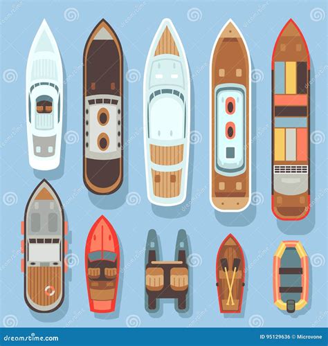 Top Aerial View Boat and Ocean Ships Vector Set Stock Vector - Illustration of cruise, motor ...