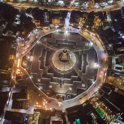 Boudhanath Stupa looks even better from the top at night . . By @bumbajay | Stupa, Aerial view ...