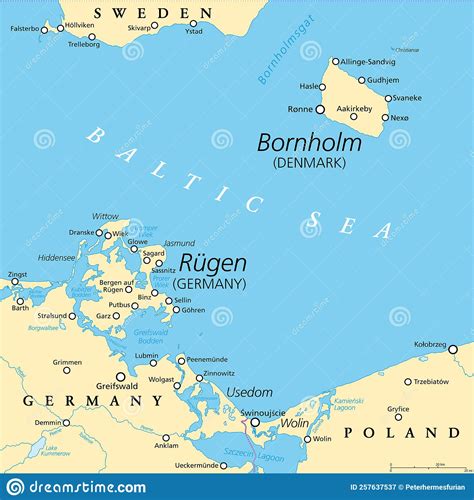 Political Map of Danish Island Bornholm, and German Island Ruegen Stock ...