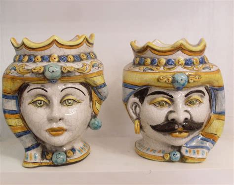 vasi ceramica di Caltagirone, pair of Caltagirone ceramic pots, vases with figures of woman and ...