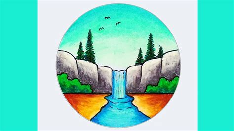 How to Draw Simple Scenery | Beautiful Waterfall Scenery Drawing With Oil Pastels in Circle