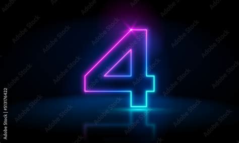 Vector 3d render, number four glowing in the dark, pink blue neon light ...