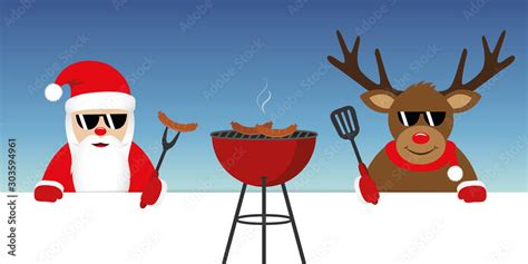 cute santa claus and reindeer with sunglasses at christmas bbq vector illustration EPS10 Stock ...