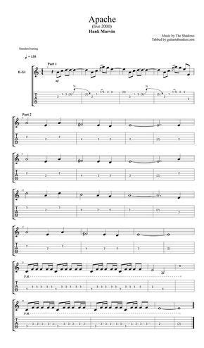 Hank Marvin - Apache (live) instrumental guitar tab (easy) - pdf guitar sheet music - guitar pro ...