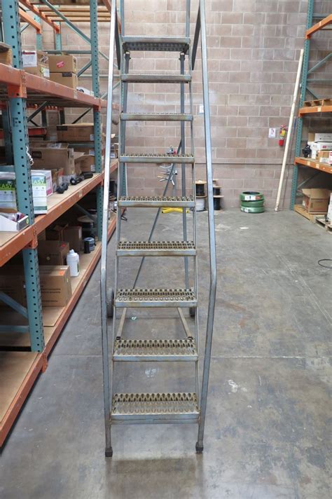 Rolling Warehouse Ladder Stairs w/ 9 Perforated Steps - Oahu Auctions