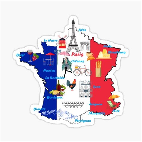 "France Map Tee Landmarks tourist attractions major cities flag ...