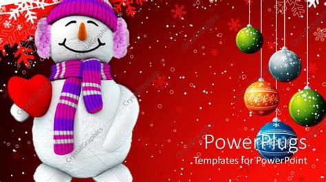 PowerPoint Template: Christmas theme with happy smiling snowman holding red heart and Christmas ...