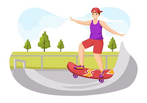 Skateboard Illustration with Skateboarders Jump using Board on Springboard in Skatepark in ...