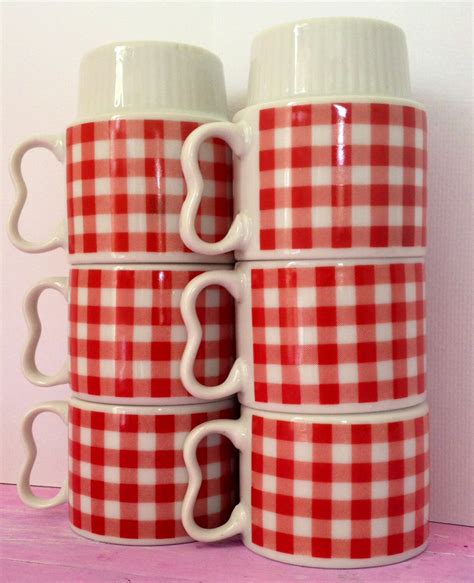 Red Checkered Cups Vintage Coffee Mugs Red Coffee Cups Vintage