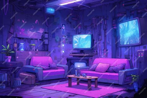 Premium AI Image | Futuristic Cyberpunk Living Room A Purple Sofa And ...