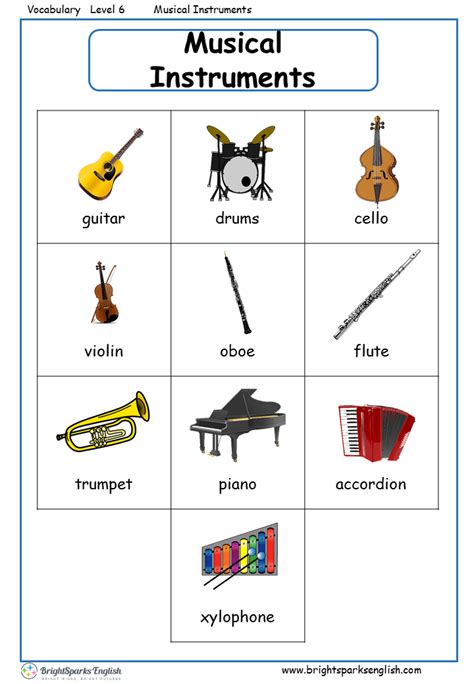 Musical English Instruments Vocabulary Worksheet – English Treasure Trove