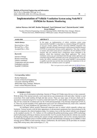 Implementation of vehicle ventilation system using node mcu esp8266 for remote monitoring | PDF