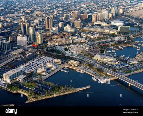 Waterfront in Long Beach, the skyline and buildings of the downtown area of Long Beach in the ...