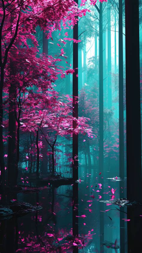 cyberpunk forest, neon lights in nature, futuristic nature wallpaper, pink and blue forest ...