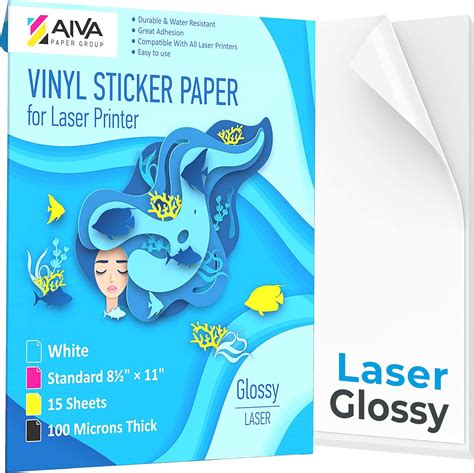 Printable Vinyl Sticker Paper for Laser Printer - Glossy White - 15 Self-Adhesive Sheets ...