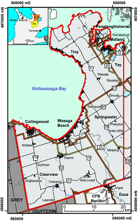 1. Geography of study area (red outline). Simcoe County shown in light ...