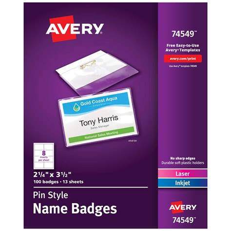 Avery Customizable Name Badges with Pins, 2.25" x 3.5", Clear Name Tag Holders with White ...