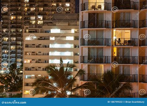 Modern Apartment Building or Hotel Building Exterior at Night Stock Photo - Image of line, block ...