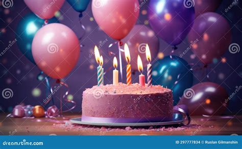 Birthday Cake, Candles and Colorful Balloons Over Light Violet Stock Photo - Image of horizontal ...