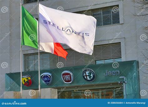 Stellantis Corporation Flag at Italian Headquarters after Merging ...