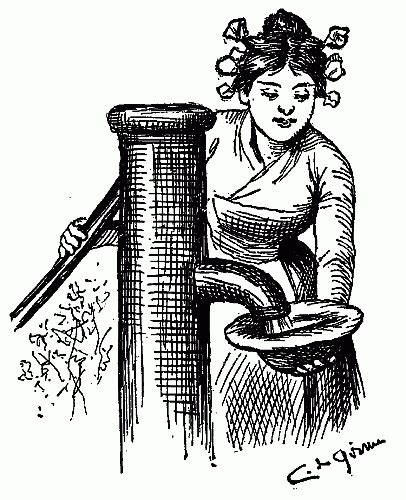 Public Domain images woman in curlers fills a bowl with water from a hand pump going to the well ...