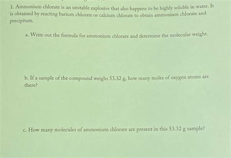 Solved 1. Ammonium chlorate is an unstable explosive that | Chegg.com