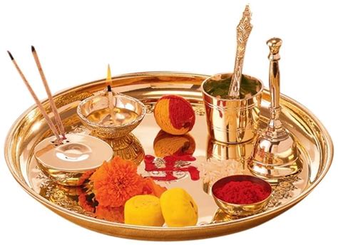 Copper Puja Thali with Pujan Bell/Lota/Spoon & Pitambari Powder ...