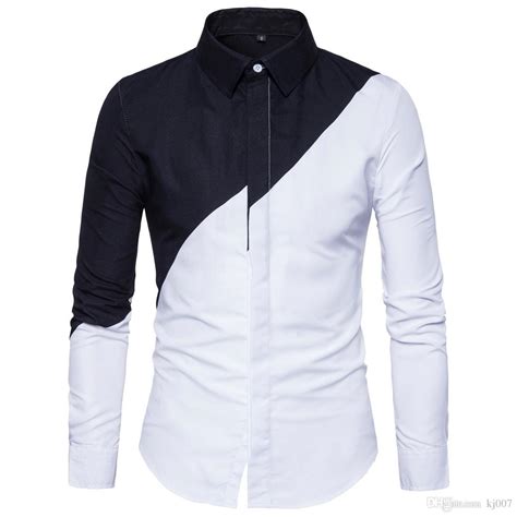 2019 New Style Hot Shirt Summer Men'S Black And White Casual Shirts Stitching Long Sleeved ...