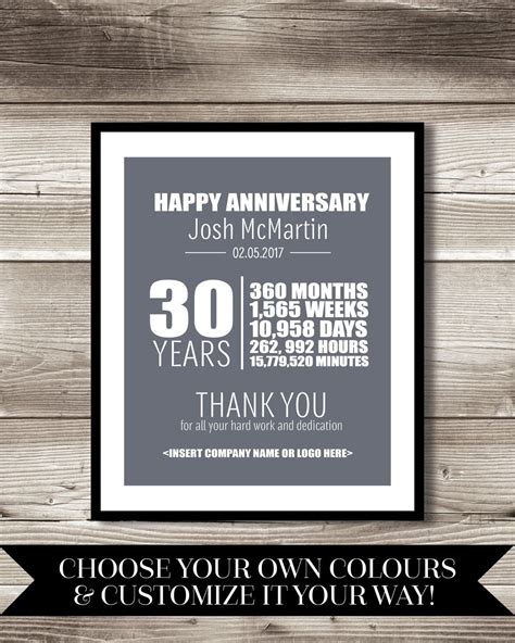 30 Year Work Anniversary Print Gift Digital Print - Etsy Canada | Work ...