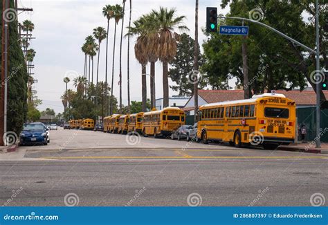 LOS ANGELES, USA - JUNE 28, 2016: View of School Buses on the Streets ...