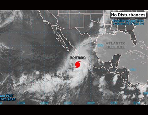 A satellite image of Hurricane Patricia as it approaches the coastline ...