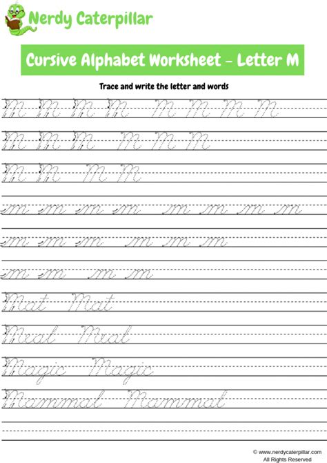 Cursive Letter M Worksheet - Nerdy Caterpillar