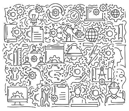 Engineering Related Objects And Elements Hand Drawn Vector Doodle Illustration Collection Hand ...