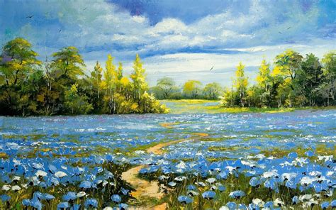 2560x1440 resolution | blue-and-white flower field painting, landscape ...