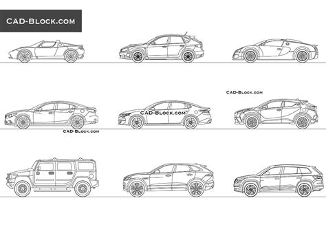 Car Side View Cad blocks. Tesla, Subaru, Skoda, Mazda, Jaguar, Kia, Bugatti, Toyota, Hummer