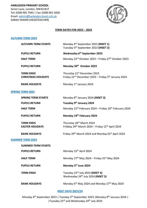 Term Dates | Harlesden Primary School