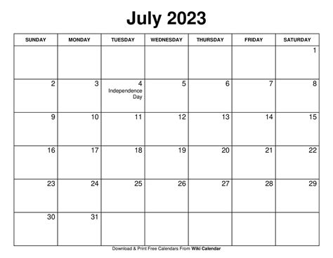 Free Printable Calendar July 2023 Wiki - Printable Templates Free