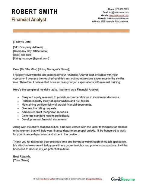 Financial Analyst Cover Letter Examples - QwikResume