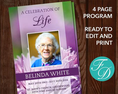 Purple Funeral Program Template Celebration of Life Program Purple ...