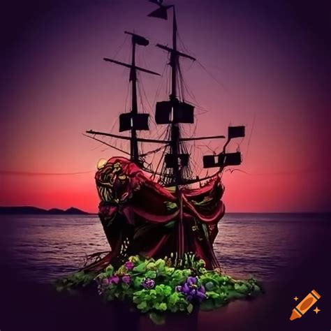 Artistic pirate ship adorned with flowers on Craiyon