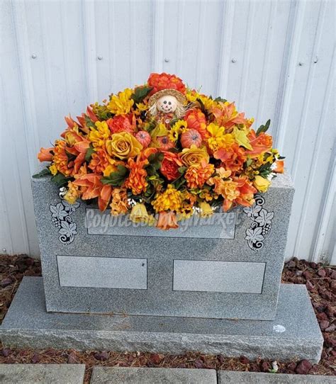 Shades of Orange Golden Yellow Fall Cemetery Headstone Saddle-Grave Headstone Flowers-Fall Grave ...