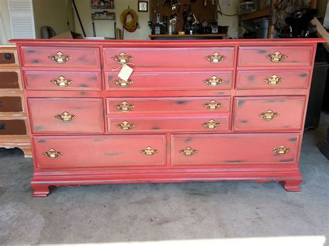 Red over black distressed 8-drawer dresser. | Redo furniture, Distressed furniture, Dresser drawers