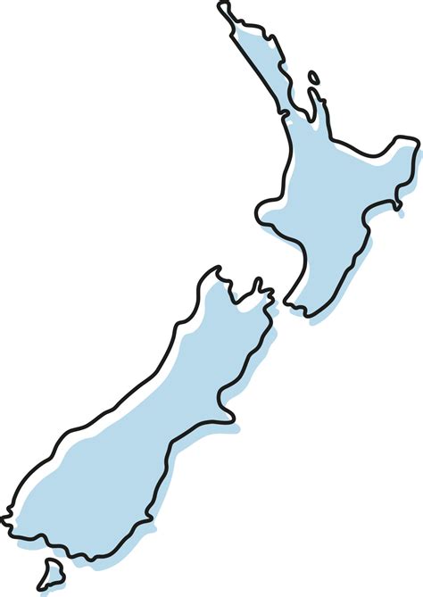 Stylized simple outline map of New Zealand icon. Blue sketch map of New ...