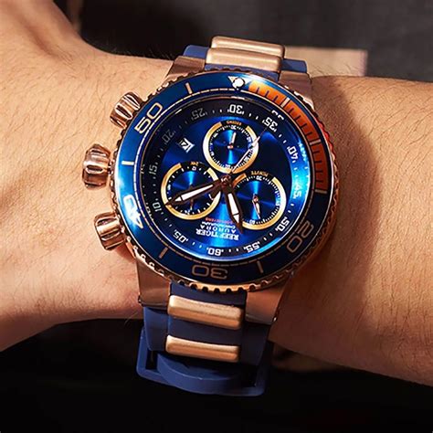 Reef Tiger Luxury Blue Sport Watch for Men Rose Gold Waterproof Watch ...