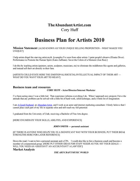 Example Business Plan for Artists - TheAbundantArtist Cory Huff Business Plan for Artists 2010 ...