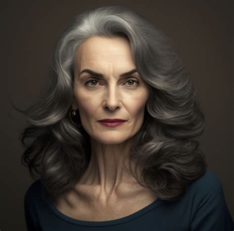 Mature Caucasian woman with thick, voluminous, grey hair, natural makeup, beautiful photographic ...