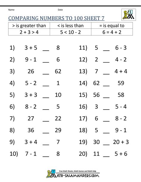 Greater than Less than Worksheet - Comparing Numbers to 100